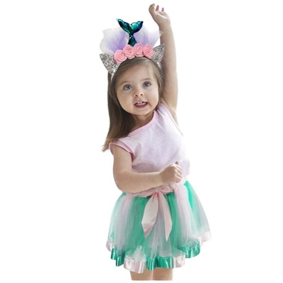 Mermaid Costume 5-8 Yrs Pink & Teal Tutu with Mermaid Tail Sequin Headband - Picture 2 of 4